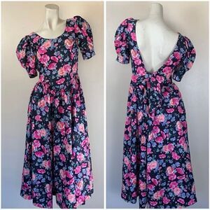 vintage laura ashley floral dress puff sleeve bow dress sz 10 80s 90s open back